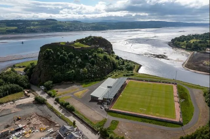 Framed Print : Aerial view of the C&G Systems Stadium, home of Dumbarton Football club with Dumbarton Rock overlooking the stadium Framed Print : Aerial view of the C&G Systems Stadium, home of Dumbarton Football club with Dumbarton Rock overlooking the stadium