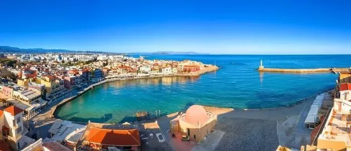 Framed Print : Aerial view of Chania with the amazing lighthouse, mosque, venetian shipyards, Crete, Greece Framed Print : Aerial view of Chania with the amazing lighthouse, mosque, venetian shipyards, Crete, Greece