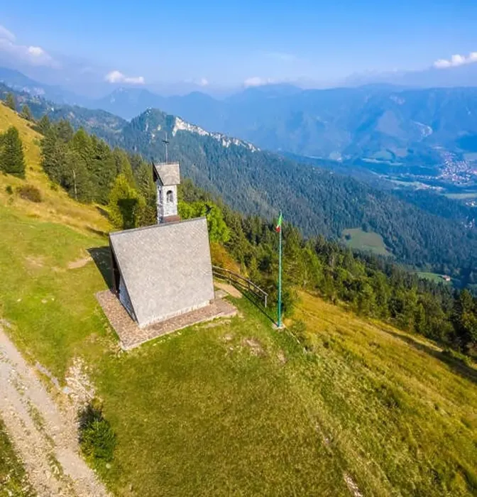 Framed Print : Aerial view of the Chiesetta degli Alpini of Monte Blum and Cima Paré