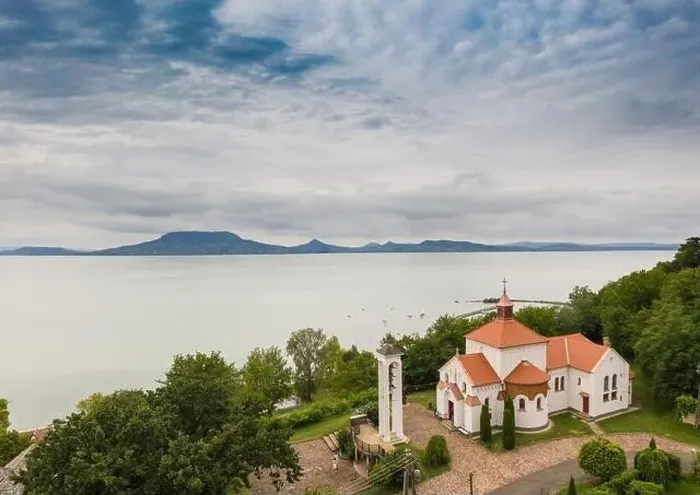 Framed Print : Aerial view of Church in Fonyod with Lake Balaton Framed Print : Aerial view of Church in Fonyod with Lake Balaton