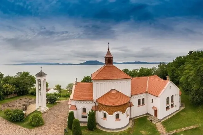 Framed Print : Aerial view of Church in Fonyod with Lake Balaton Framed Print : Aerial view of Church in Fonyod with Lake Balaton