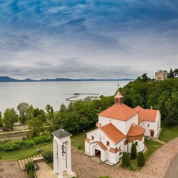 Framed Print : Aerial view of Church in Fonyod with Lake Balaton Framed Print : Aerial view of Church in Fonyod with Lake Balaton