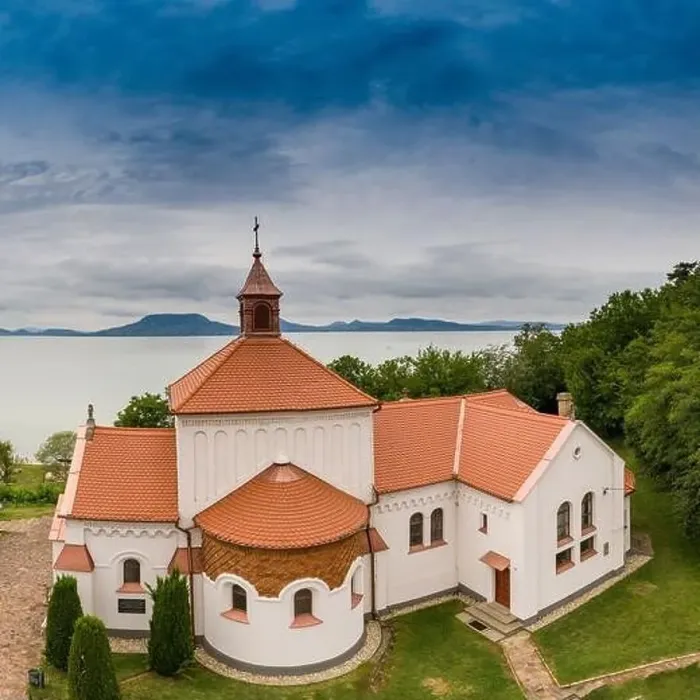 Framed Print : Aerial view of Church in Fonyod with Lake Balaton Framed Print : Aerial view of Church in Fonyod with Lake Balaton