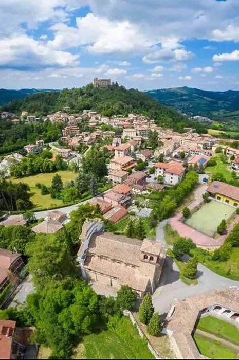 Framed Print : Aerial view of the church, octagonal cemetery and castle of Zavattarello Framed Print : Aerial view of the church, octagonal cemetery and castle of Zavattarello