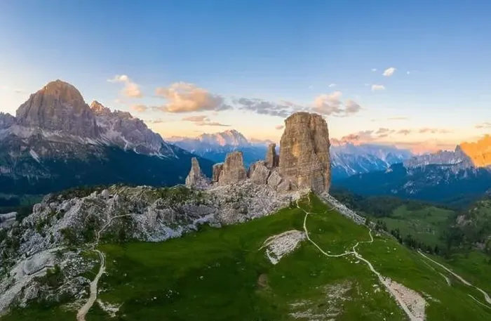 Framed Print : Aerial view of the Cinque Torri from above at sunset. Cortina d'Ampezzo, Belluno province, Dolomites, Veneto, Italy Framed Print : Aerial view of the Cinque Torri from above at sunset. Cortina d'Ampezzo, Belluno province, Dolomites, Veneto, Italy