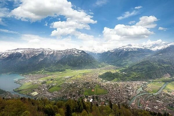 Aerial view of city district and Interlaken from viewpoint at Harder Kulm in Interlaken, Bern, Switzerland