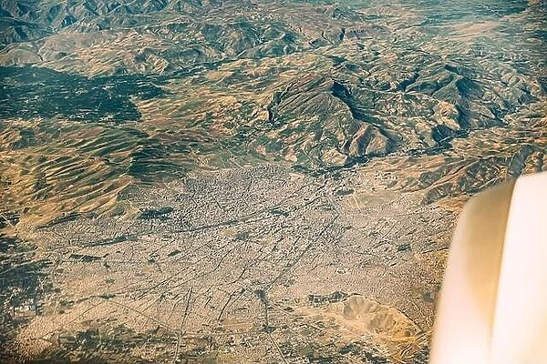 Aerial View Of Cityscape Of Urmia, Reza Iyeh From Window Of Plane. West Azerbaijan Province, Iran