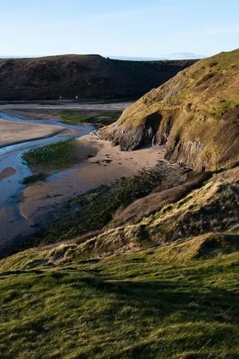 Framed Print : Aerial view of Three Cliffs Bay south coast beach the Gower Peninsula Swansea Wales uk Framed Print : Aerial view of Three Cliffs Bay south coast beach the Gower Peninsula Swansea Wales uk