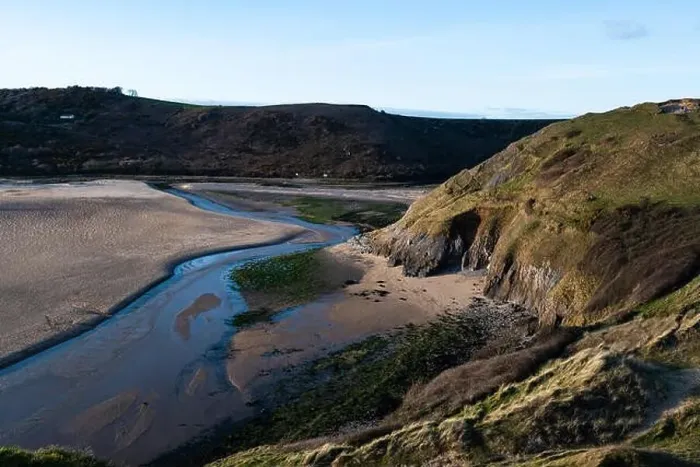 Framed Print : Aerial view of Three Cliffs Bay south coast beach the Gower Peninsula Swansea Wales uk Framed Print : Aerial view of Three Cliffs Bay south coast beach the Gower Peninsula Swansea Wales uk