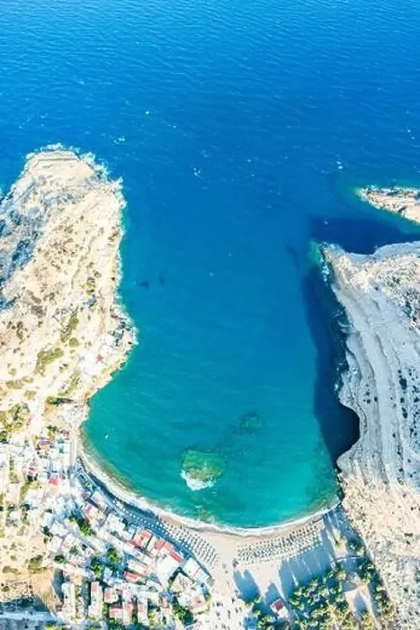 Framed Print : Aerial view of cliffs and beach washed by the turquoise colored sea, Matala, Crete, Greece Framed Print : Aerial view of cliffs and beach washed by the turquoise colored sea, Matala, Crete, Greece