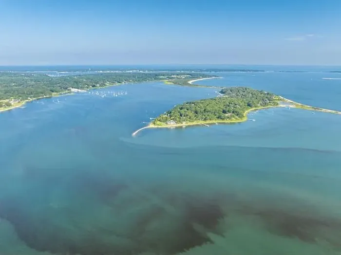 Framed Print : aerial view of coecles harbor and little ram island