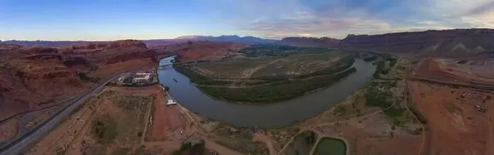 Framed Print : Aerial view of Colorado River and La Sal Mountains panorama at sunset near Arches National Park in Moab, Utah, USA Framed Print : Aerial view of Colorado River and La Sal Mountains panorama at sunset near Arches National Park in Moab, Utah, USA