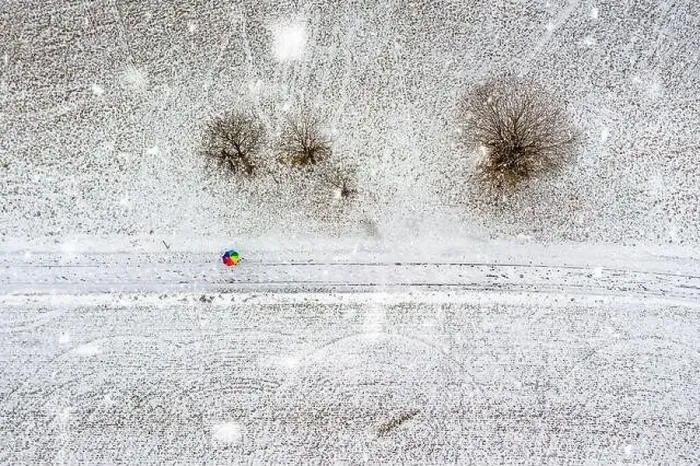 Framed Print : Aerial top down view at a colorful rainbow umbrella in the middle of a snow covered landscape at snowfall Framed Print : Aerial top down view at a colorful rainbow umbrella in the middle of a snow covered landscape at snowfall