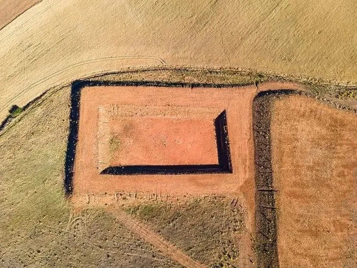 Framed Print : Aerial view of construction in the field of water reserve for irrigation Framed Print : Aerial view of construction in the field of water reserve for irrigation