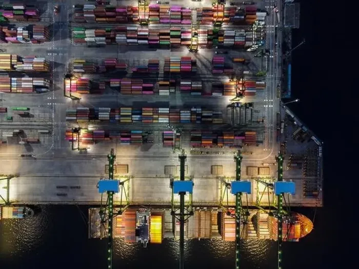Framed Print : Aerial view of Container ship loading and unloading in deep sea port Framed Print : Aerial view of Container ship loading and unloading in deep sea port