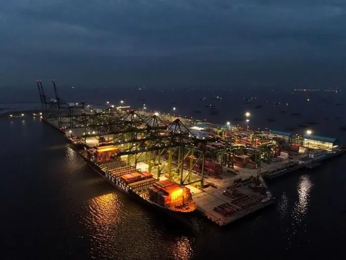 Framed Print : Aerial view of Container ship loading and unloading in deep sea port Framed Print : Aerial view of Container ship loading and unloading in deep sea port