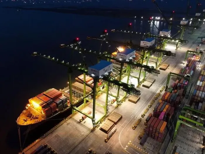 Framed Print : Aerial view of Container ship loading and unloading in deep sea port Framed Print : Aerial view of Container ship loading and unloading in deep sea port