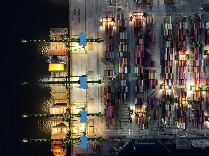 Framed Print : Aerial view of Container ship loading and unloading in deep sea port Framed Print : Aerial view of Container ship loading and unloading in deep sea port