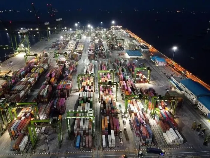 Framed Print : Aerial view of Container ship loading and unloading in deep sea port Framed Print : Aerial view of Container ship loading and unloading in deep sea port