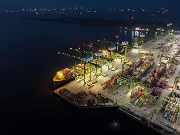 Framed Print : Aerial view of Container ship loading and unloading in deep sea port Framed Print : Aerial view of Container ship loading and unloading in deep sea port
