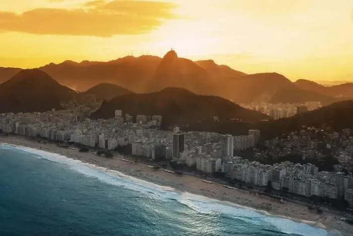 Framed Print : Aerial view of Copacabana at sunset with Corcovado Mountain - Rio de Janeiro, Brazil Framed Print : Aerial view of Copacabana at sunset with Corcovado Mountain - Rio de Janeiro, Brazil