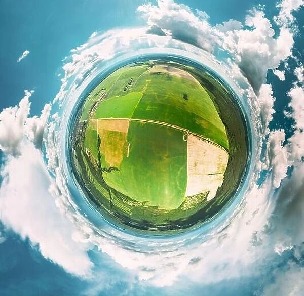 Aerial View Countryside Rural Landscape With Small Village, Gardens And Green Field In Spring Summer Day. Elevated View. Little Small Planet Concept