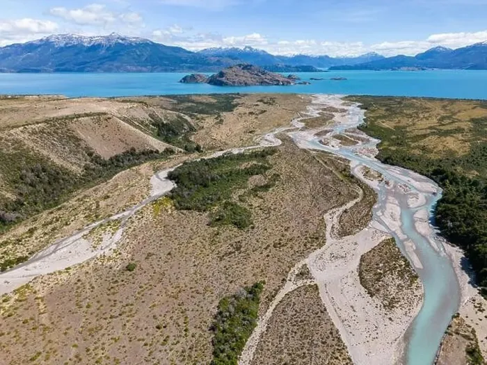 Framed Print : Aerial View of a creek flowing to the beautiful Lago General Carrera in southern Chile - Traveling the Carretera Framed Print : Aerial View of a creek flowing to the beautiful Lago General Carrera in southern Chile - Traveling the Carretera