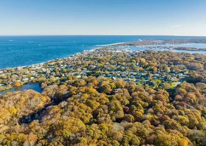 Framed Print : aerial view of Culloden point and montauk harbor beyond Framed Print : aerial view of Culloden point and montauk harbor beyond