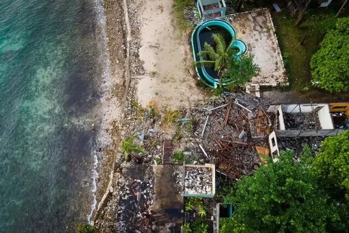 Framed Print : Aerial view of derelict tropical beach resort abandoned due to the pandemic travel restrictions Framed Print : Aerial view of derelict tropical beach resort abandoned due to the pandemic travel restrictions