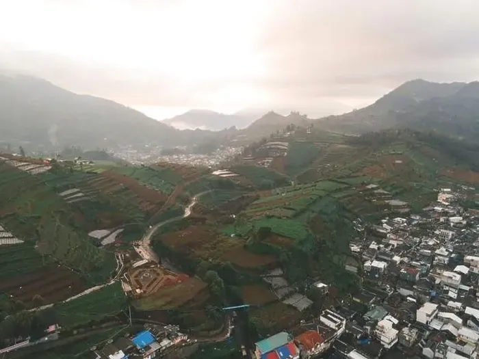 Framed Print : Aerial view of Dieng village at Wonosobo with mountain around it Framed Print : Aerial view of Dieng village at Wonosobo with mountain around it