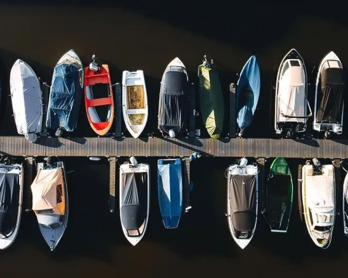 Framed Print : Aerial, top down view of docked boats in a harbour Framed Print : Aerial, top down view of docked boats in a harbour