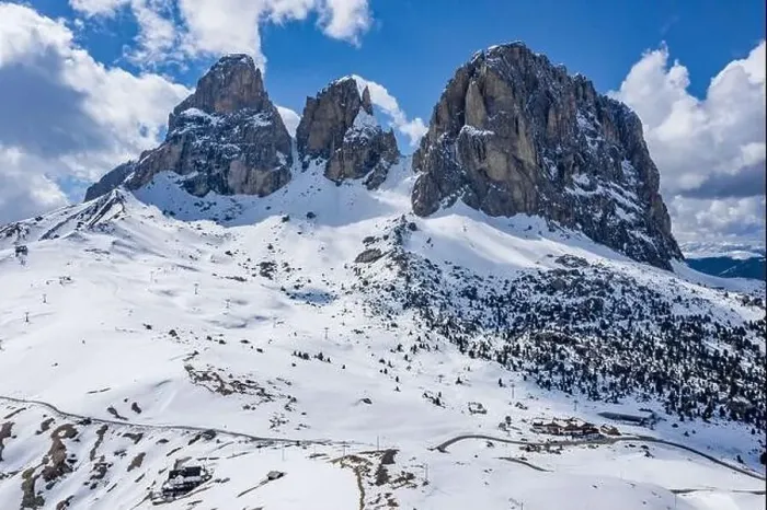 Framed Print : Aerial view of the Dolomites snow-covered mountains in Italy at sunny day
