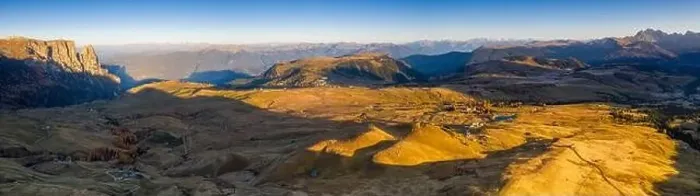 Framed Print : Aerial view by drone of autumn sunrise over Alpe di Siusi (Seiser Alm), Dolomites, South Tyrol, Italy, Europe Framed Print : Aerial view by drone of autumn sunrise over Alpe di Siusi (Seiser Alm), Dolomites, South Tyrol, Italy, Europe