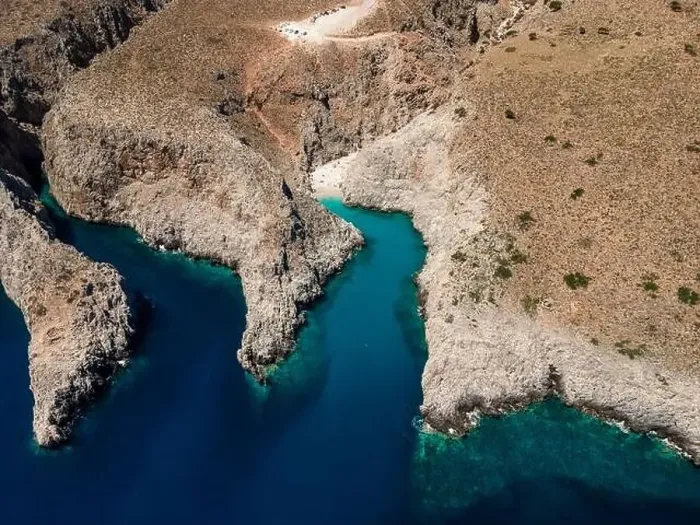 Framed Print : Aerial top view by drone of beach of Seitan Limania in bay with turquoise water and an unusual shape in Akrotiri, Crete Framed Print : Aerial top view by drone of beach of Seitan Limania in bay with turquoise water and an unusual shape in Akrotiri, Crete