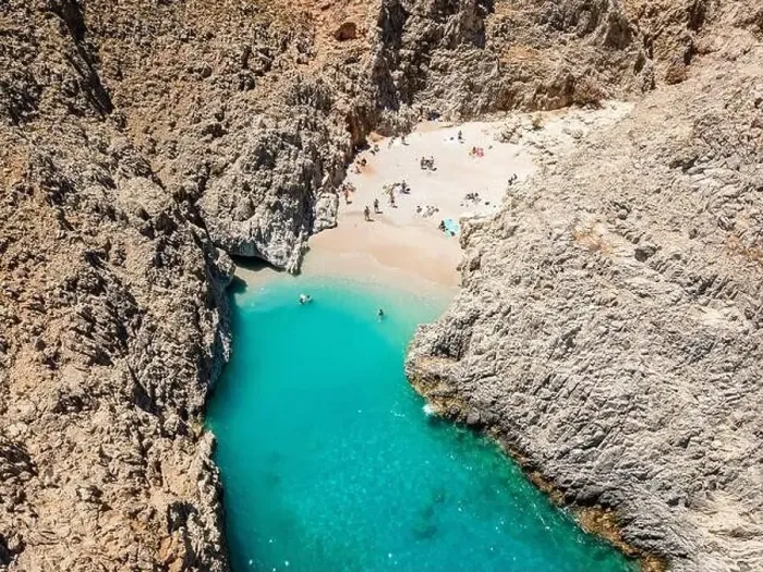 Framed Print : Aerial top view by drone of beach of Seitan Limania in bay with turquoise water and an unusual shape in Akrotiri, Crete Framed Print : Aerial top view by drone of beach of Seitan Limania in bay with turquoise water and an unusual shape in Akrotiri, Crete