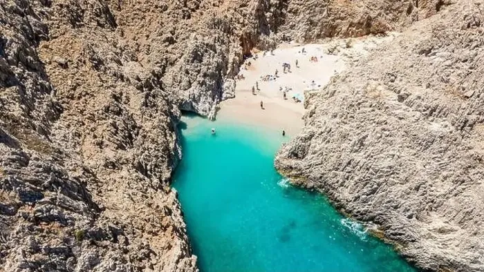 Framed Print : Aerial top view by drone of beach of Seitan Limania in bay with turquoise water and an unusual shape in Akrotiri, Crete Framed Print : Aerial top view by drone of beach of Seitan Limania in bay with turquoise water and an unusual shape in Akrotiri, Crete
