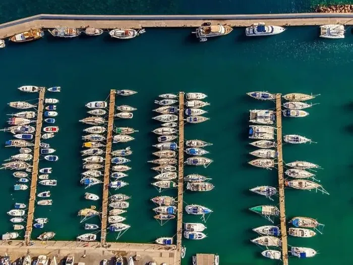 Framed Print : Aerial top view by drone of boats and yachts in mediterranean harbor. View in summer sunny day Framed Print : Aerial top view by drone of boats and yachts in mediterranean harbor. View in summer sunny day