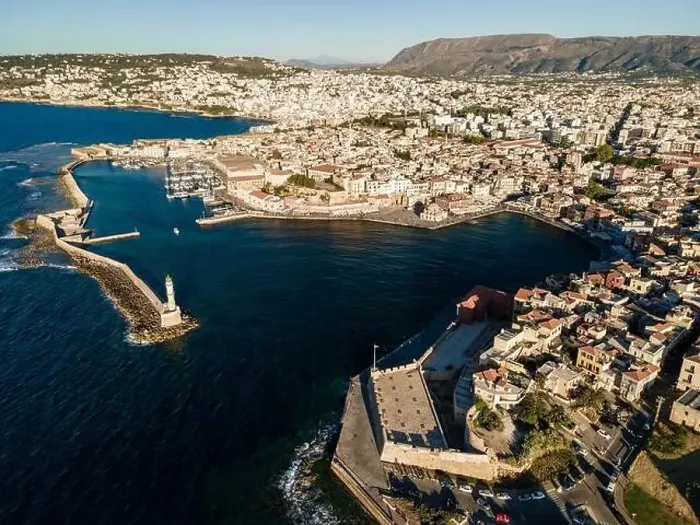 Framed Print : Aerial top view by drone of Chania city, Crete island, Greece Framed Print : Aerial top view by drone of Chania city, Crete island, Greece
