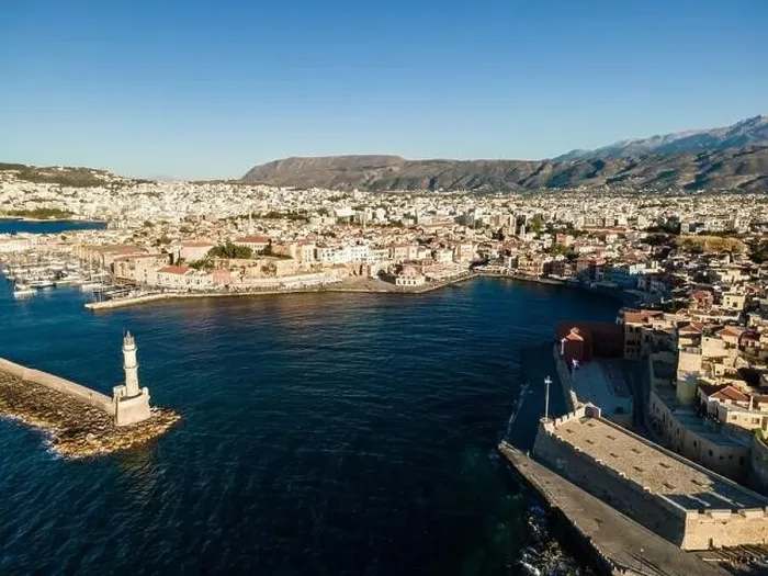 Framed Print : Aerial top view by drone of Chania city, Crete island, Greece Framed Print : Aerial top view by drone of Chania city, Crete island, Greece