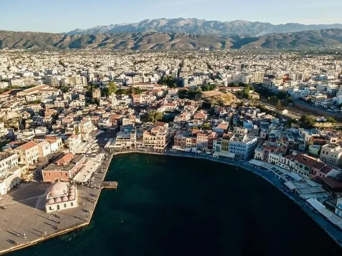 Framed Print : Aerial top view by drone of Chania city, Crete island, Greece Framed Print : Aerial top view by drone of Chania city, Crete island, Greece