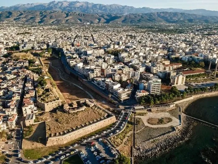 Framed Print : Aerial top view by drone of Chania city, Crete island, Greece Framed Print : Aerial top view by drone of Chania city, Crete island, Greece