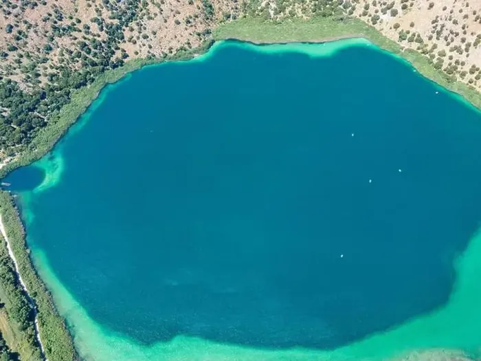 Framed Print : Aerial top view by drone of Kournas lake on Crete island. Greece Framed Print : Aerial top view by drone of Kournas lake on Crete island. Greece