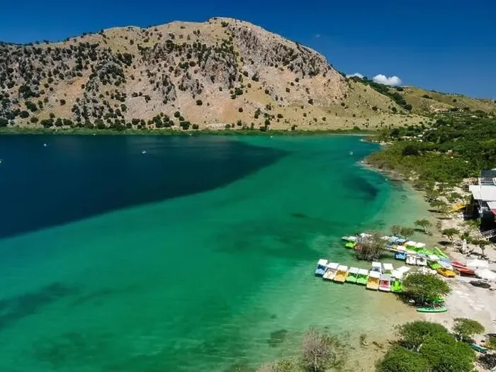Framed Print : Aerial top view by drone of Kournas lake on Crete island. Greece Framed Print : Aerial top view by drone of Kournas lake on Crete island. Greece