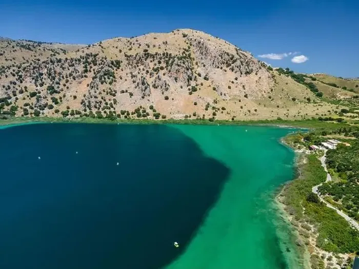 Framed Print : Aerial top view by drone of Kournas lake on Crete island. Greece Framed Print : Aerial top view by drone of Kournas lake on Crete island. Greece
