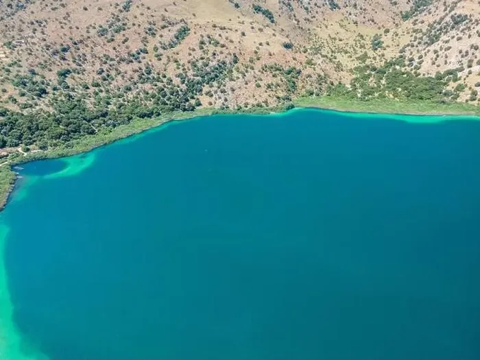 Framed Print : Aerial top view by drone of Kournas lake on Crete island. Greece