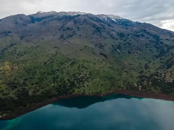 Framed Print : Aerial top view by drone of Kournas lake on Crete island. Greece