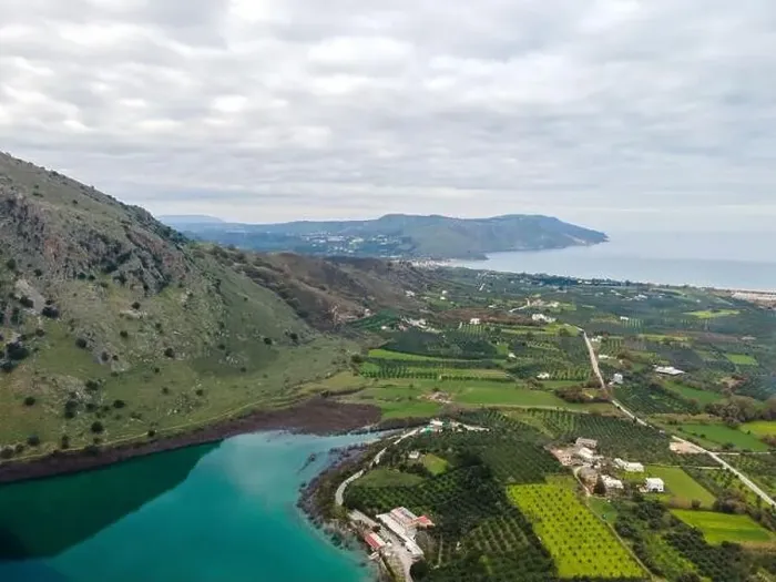 Framed Print : Aerial top view by drone of Kournas lake on Crete island. Greece Framed Print : Aerial top view by drone of Kournas lake on Crete island. Greece