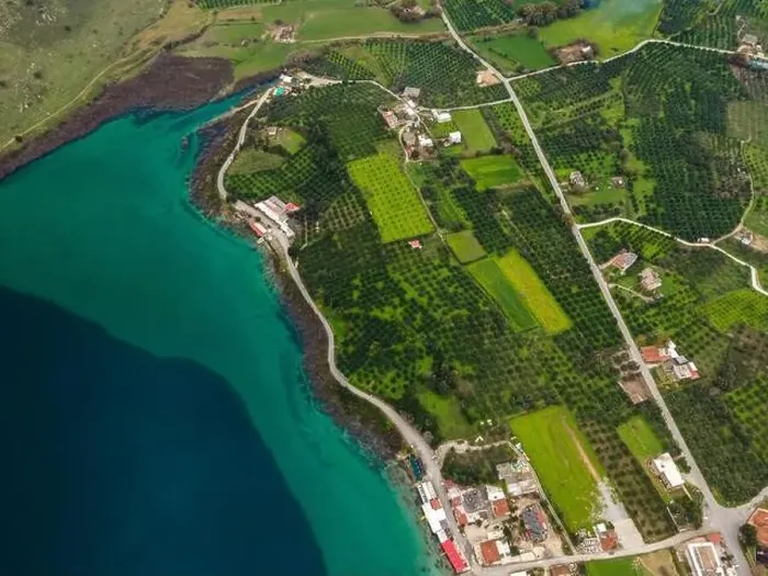 Framed Print : Aerial top view by drone of Kournas lake on Crete island. Greece Framed Print : Aerial top view by drone of Kournas lake on Crete island. Greece