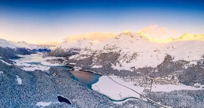 Framed Print : Aerial view by drone of Lej Da Champfer Framed Print : Aerial view by drone of Lej Da Champfer