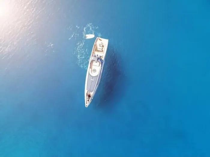 Framed Print : Aerial top view by drone of luxury yacht in the sea Framed Print : Aerial top view by drone of luxury yacht in the sea